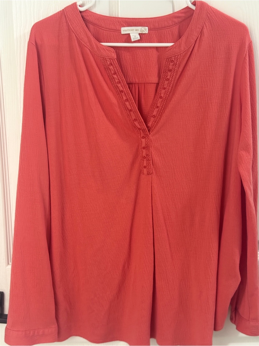 Westport 1962 XL Coral Embroidered Long Sleeve Blouse Boho Lightweight